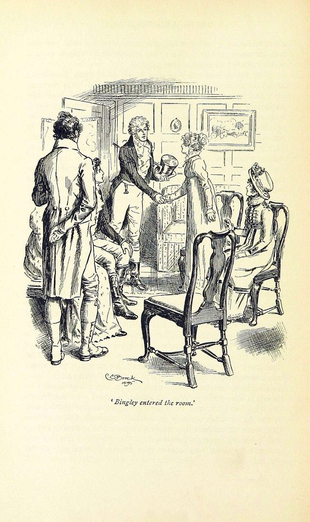 “Bingley entered the room” — illustration by C.E. Brock, 1895