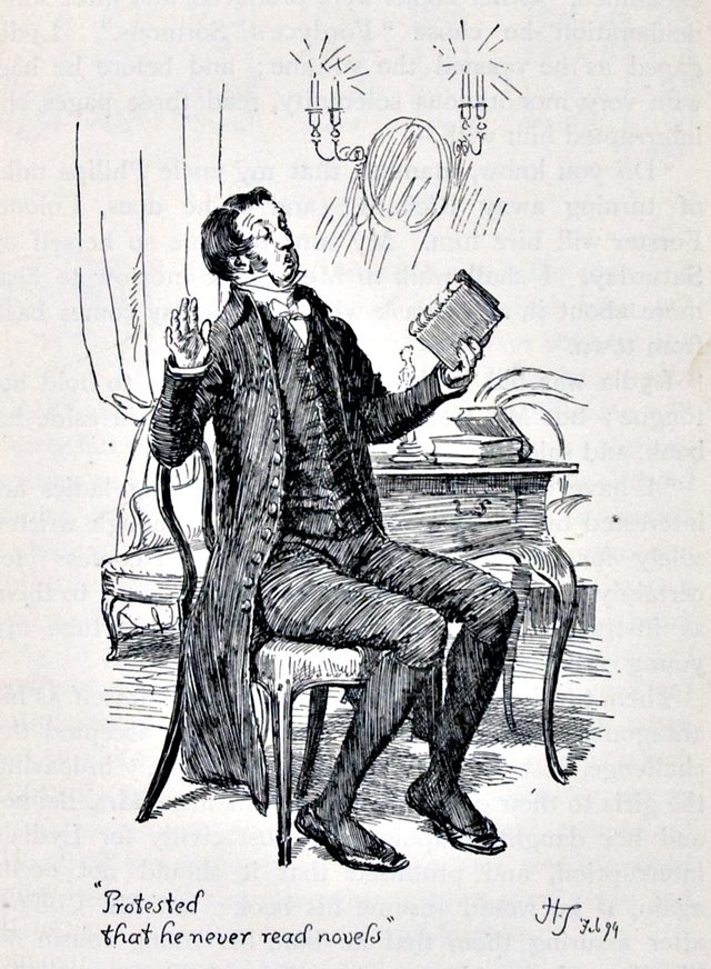 “Protested that he never read novels” — Mr. Collins, illustration by Hugh Thomson, 1894