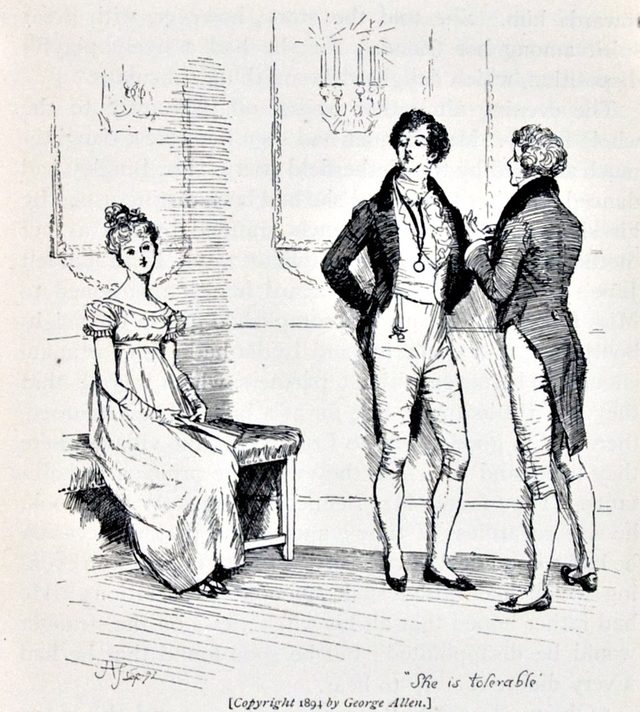 “She is tolerable” — Mr. Darcy snubbing Elizabeth at the Meryton assembly, illustration by Hugh Thomson, 1894