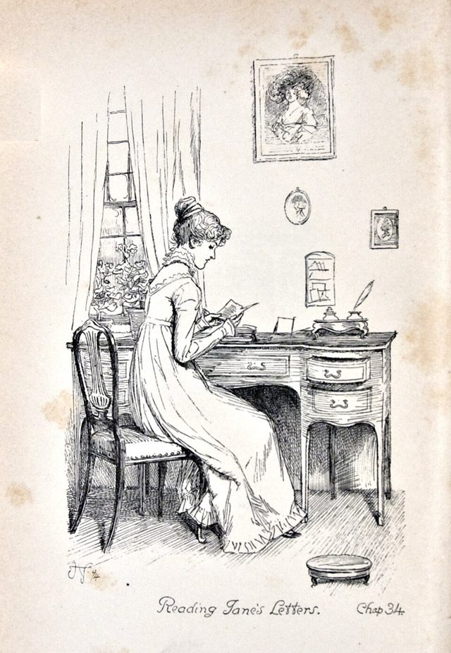 Elizabeth Bennet reading Jane’s letters at a writing desk — illustration by Hugh Thomson, 1894