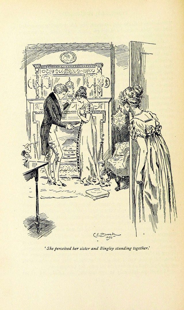 Jane Bennet and Mr. Bingley standing together by the fireplace — illustration by C.E. Brock, 1895