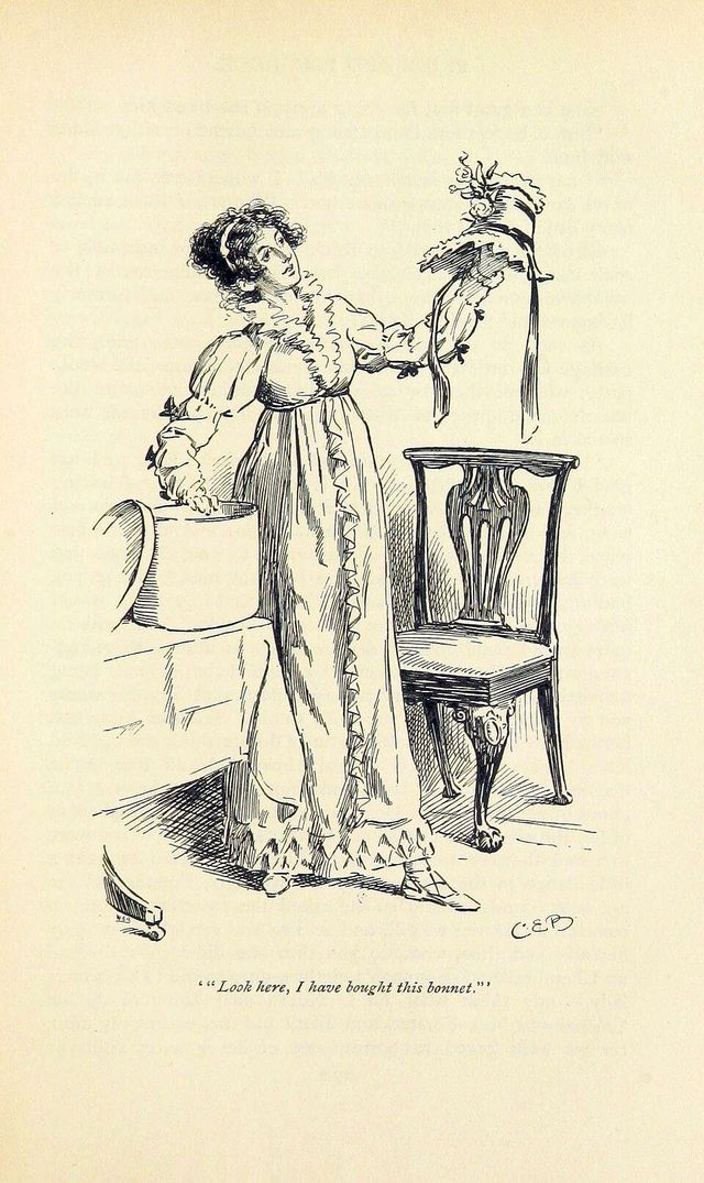 “Look here, I have bought this bonnet” — Lydia Bennet, illustration by C.E. Brock, 1895