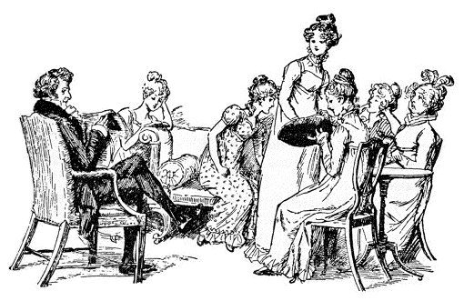 The Bennet family gathered in the drawing room — illustration by Hugh Thomson, 1894