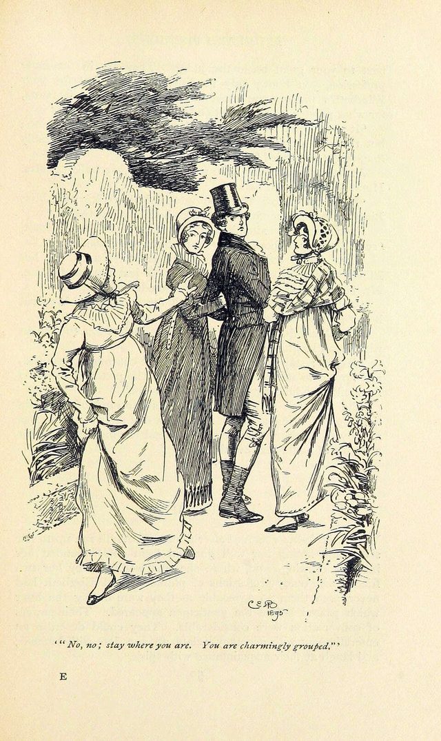 “No, no; stay where you are. You are charmingly grouped.” — illustration by C.E. Brock, 1895