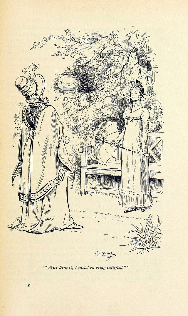 “Miss Bennet, I insist on being satisfied.” — Lady Catherine questioning Elizabeth, illustration by C.E. Brock, 1895